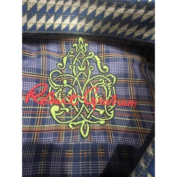 Robert Graham Shirt Mens XXL Colorful Purple Plaid Flip Cuff Embroidered - Picture 3 of 9